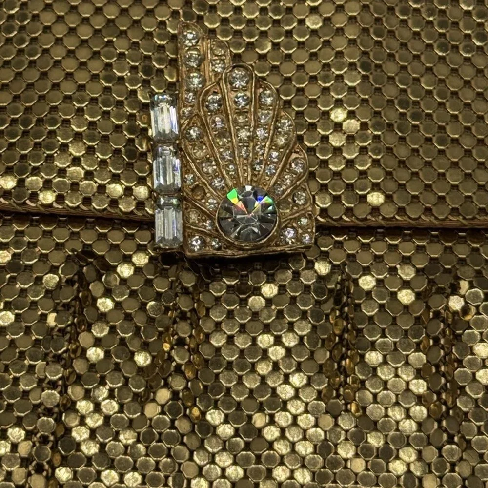 Mesh Purse Clutch Bag Gold Tone Art Deco Rhinestone Clip Vtg Whiting and Davis - Picture 11 of 14